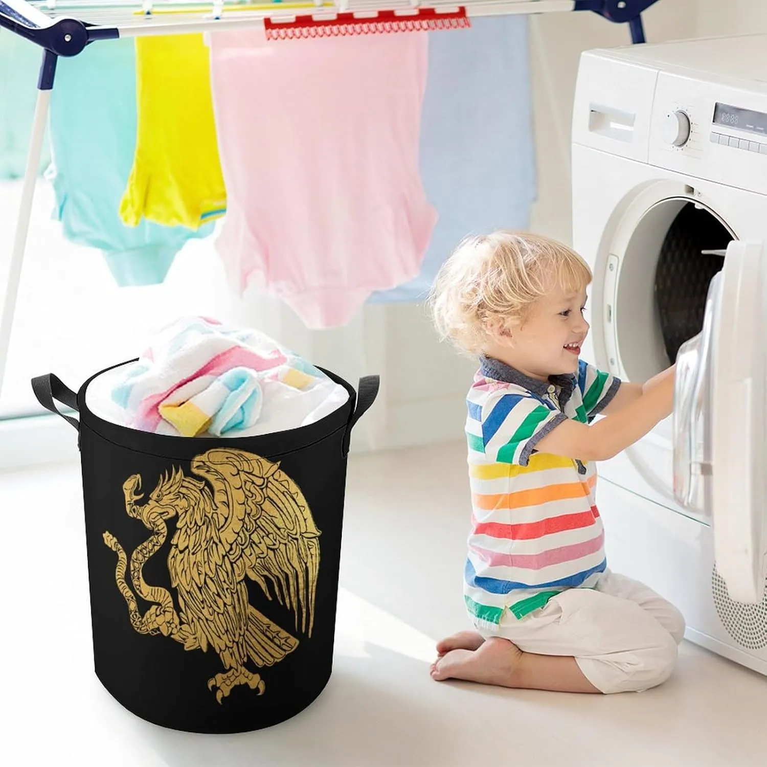 Mexican Eagle Laundry Hamper,45L Round Drawstring Collapsible Laundry Basket with Handle 17in Waterproof Storage Basket for Bedroom Room-1