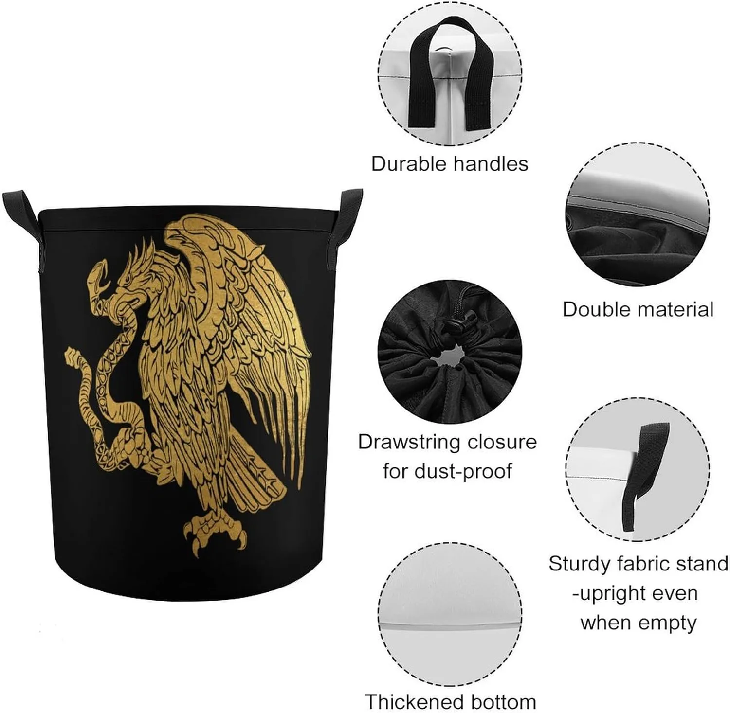 Mexican Eagle Laundry Hamper,45L Round Drawstring Collapsible Laundry Basket with Handle 17in Waterproof Storage Basket for Bedroom Room-1