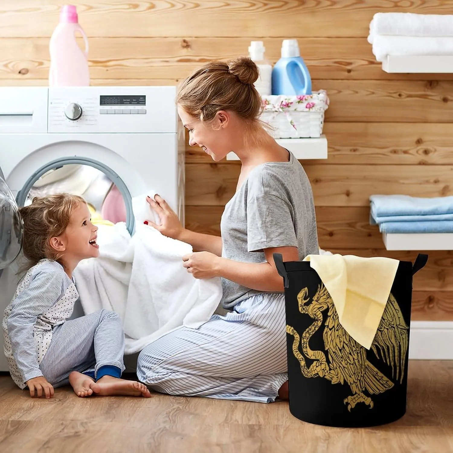 Mexican Eagle Laundry Hamper,45L Round Drawstring Collapsible Laundry Basket with Handle 17in Waterproof Storage Basket for Bedroom Room-1