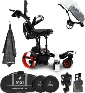 MGI Zip X3 Electric Golf Push Cart Ultimate Accessory Bundle | Zip Folding Caddy, All-Terrain Wheels, Plays 36 Holes, Adjustable Speed, Display Screen, Odometer | Signature Series Golf Towel