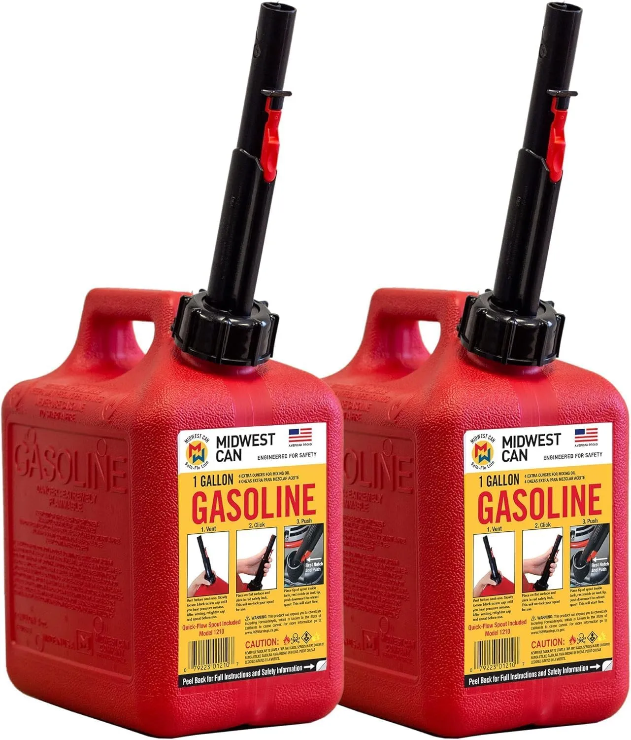 Midwest Can 1210 Safe-Flo Auto Shut Off 1 Gallon Gas Can – Durable Fuel Containers with FlameShield Safety System & Quick-Flow Spout - Red - 2 Pack