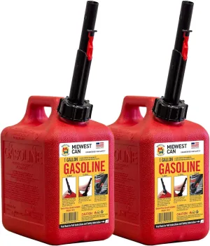 Midwest Can 1210 Safe-Flo Auto Shut Off 1 Gallon Gas Can – Durable Fuel Containers with FlameShield Safety System & Quick-Flow Spout - Red - 2 Pack