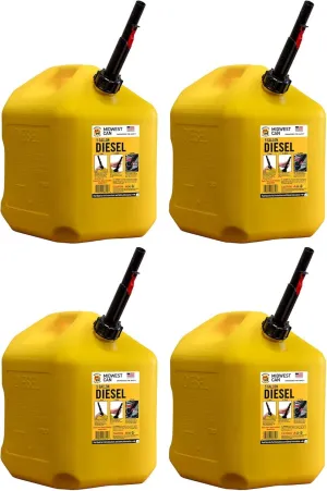 Midwest Can 8610 Safe-Flo Auto Shut Off 5 Gallon Diesel Can Yellow Plastic Fuel Container with FlameShield Safety System & Quick-Flow Spout - 4 Pack