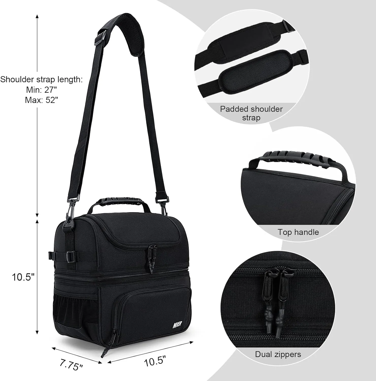 MIER Dual Compartment Lunch Bag Tote with Shoulder Strap for Men and Women Insulated Leakproof Cooler Bag, Black