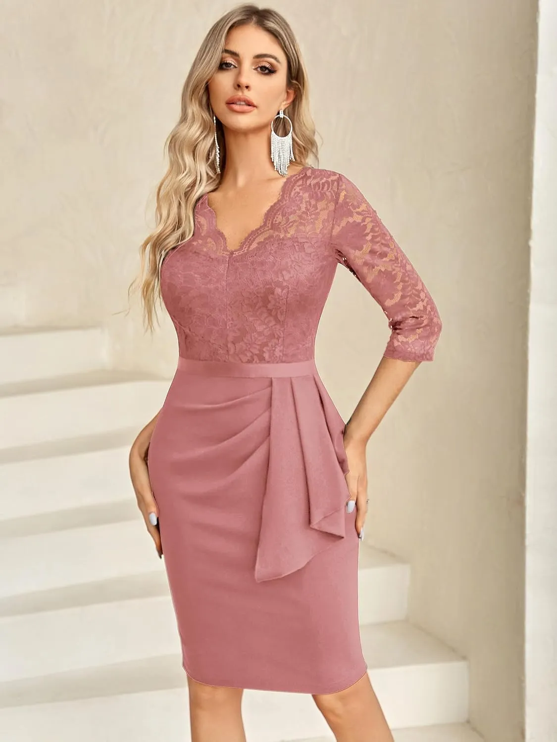 Miusol Women's Retro V Neck Floral Lace Ruffle Style Cocktail Party Dress