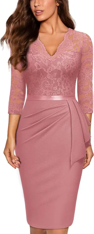 Miusol Women's Retro V Neck Floral Lace Ruffle Style Cocktail Party Dress