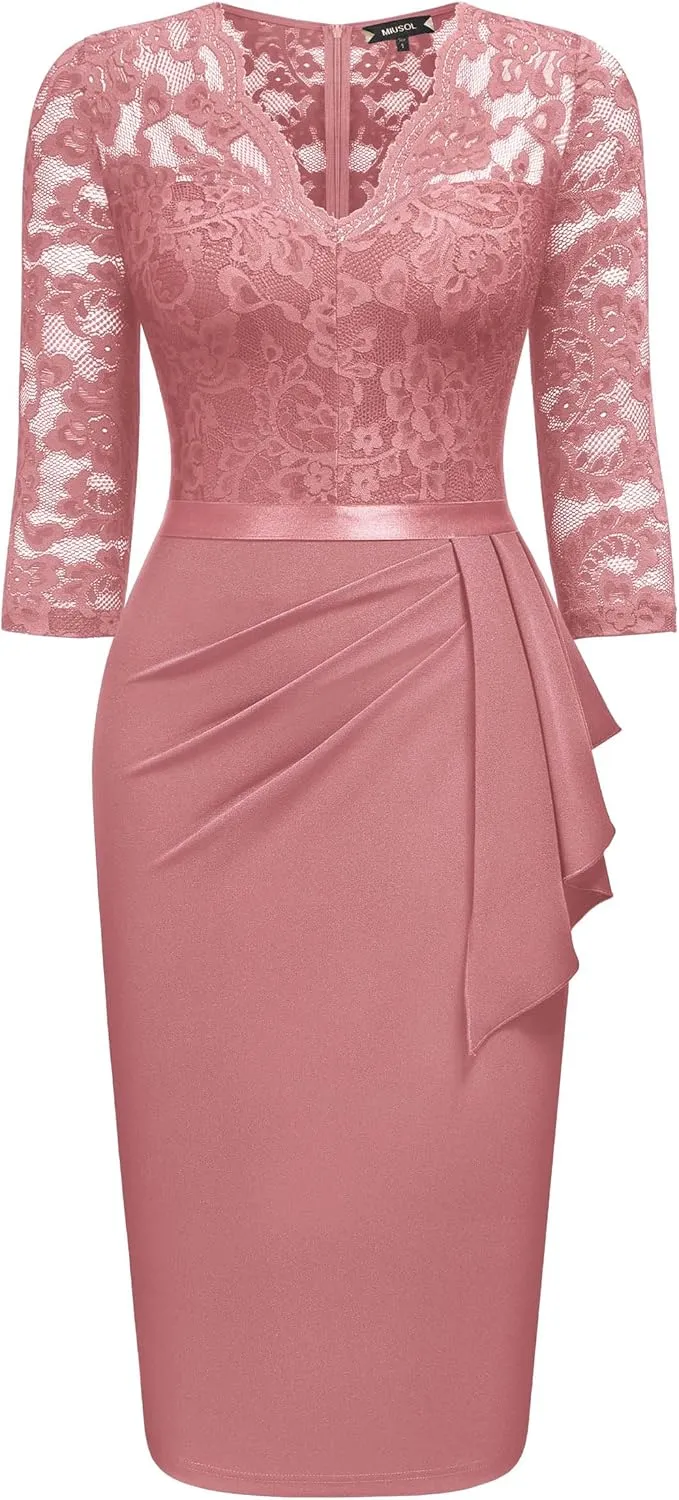 Miusol Women's Retro V Neck Floral Lace Ruffle Style Cocktail Party Dress