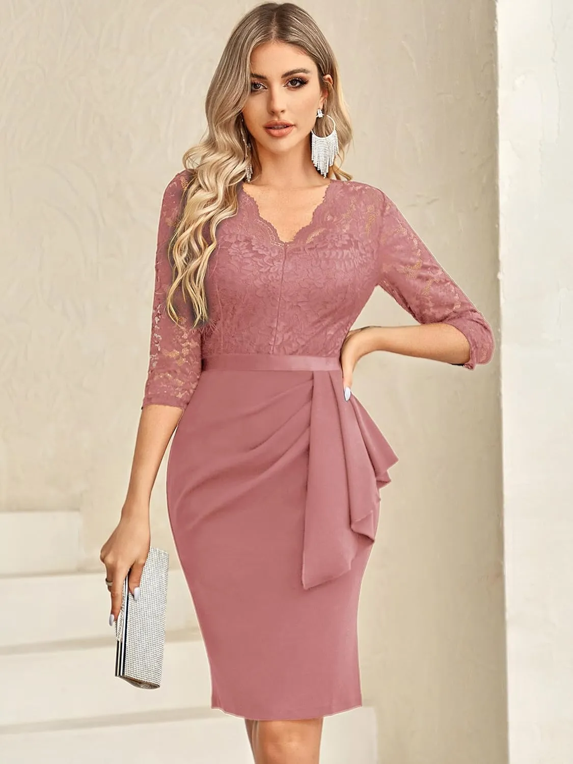Miusol Women's Retro V Neck Floral Lace Ruffle Style Cocktail Party Dress