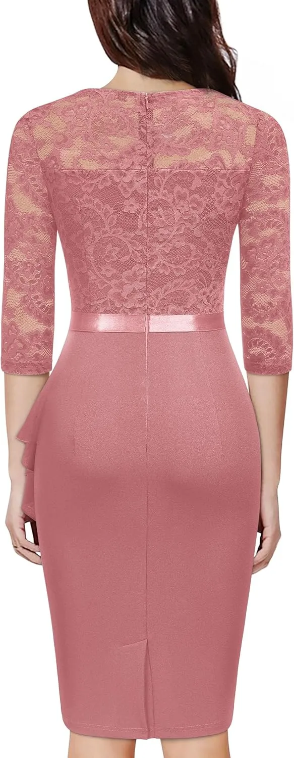 Miusol Women's Retro V Neck Floral Lace Ruffle Style Cocktail Party Dress
