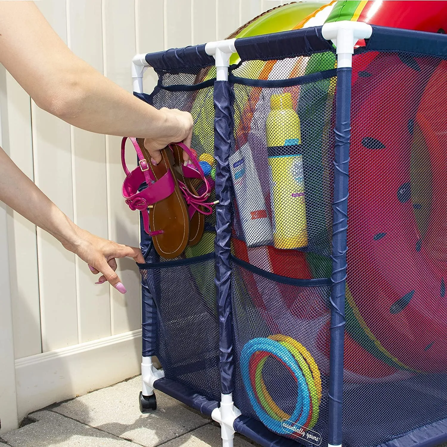 Modern Blue Pool Storage Bin - XX-Large | Nylon Mesh Basket Organizer For Your Goggles, Beach Balls, Floats, Swim Toys & Accessories | Air Dry Items Quickly & Easily Roll To Your Home Garage or Shed