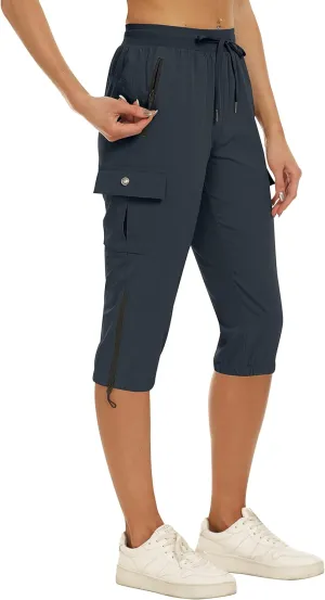 MoFiz Women's Capris Cargo Hiking Pants Lightweight Quick Dry Outdoor Athletic Running Sports Travel Summer Zipper Pockets