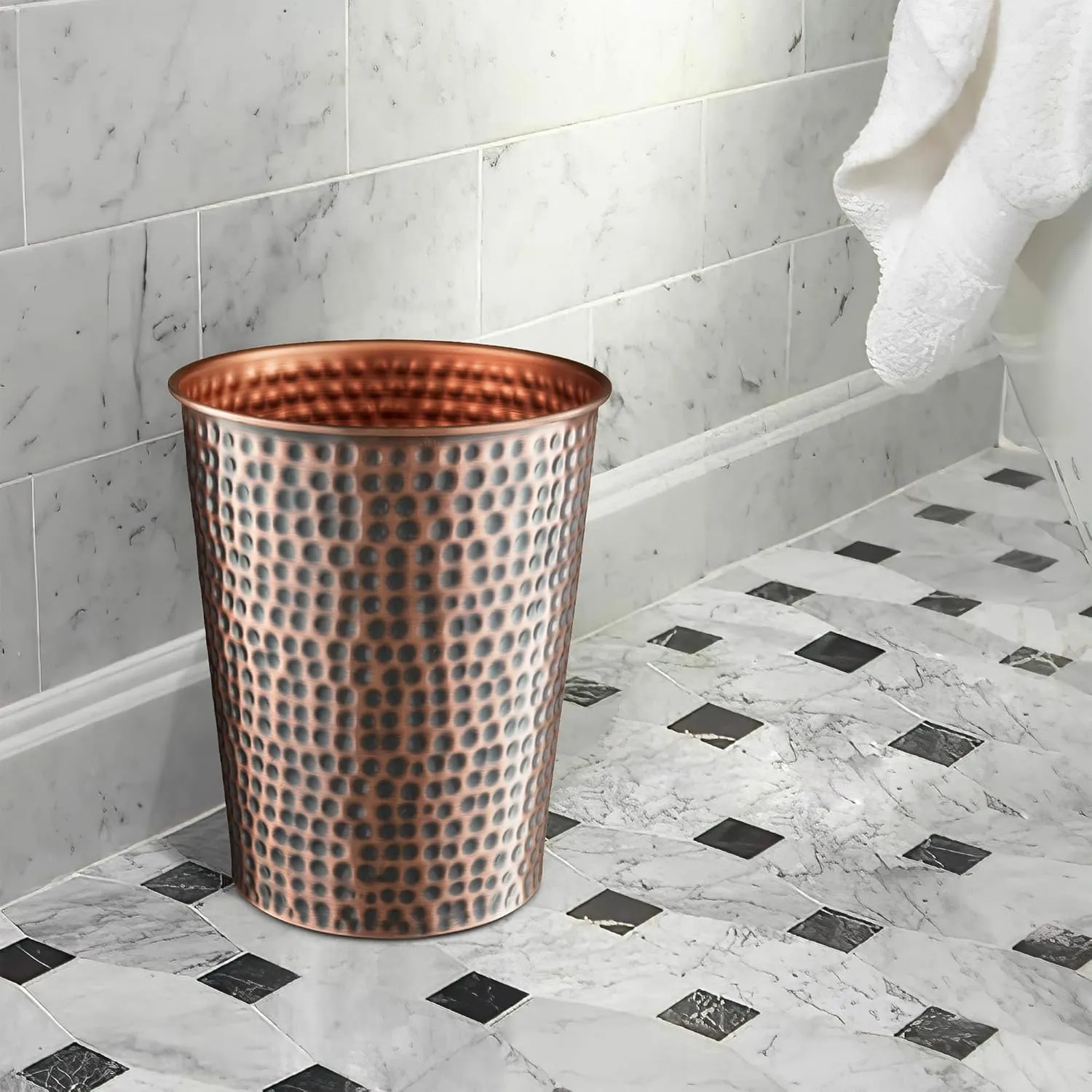 Monarch Abode Copper Hand Hammered Metal Wastebasket for Home Office Bedroom, Decorative Waste Basket, Modern Bathroom Garbage Can, Durable & Decorative Trash Bin, Antique Copper Bathroom Trash Can