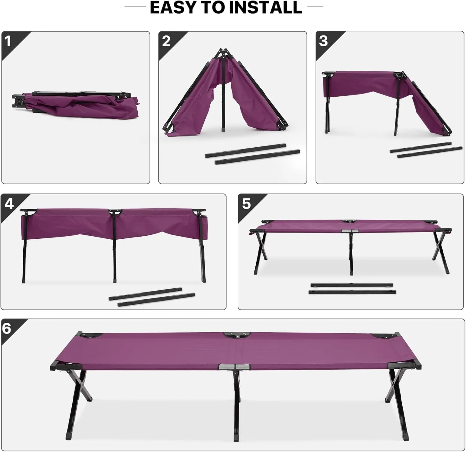 MoNiBloom Folding Camping Cot Portable Fold up Cots with Carry Bag for Sleeping Lounging Office/Home Nap Outdoor Travel, 660lbs (Max Load), Purple
