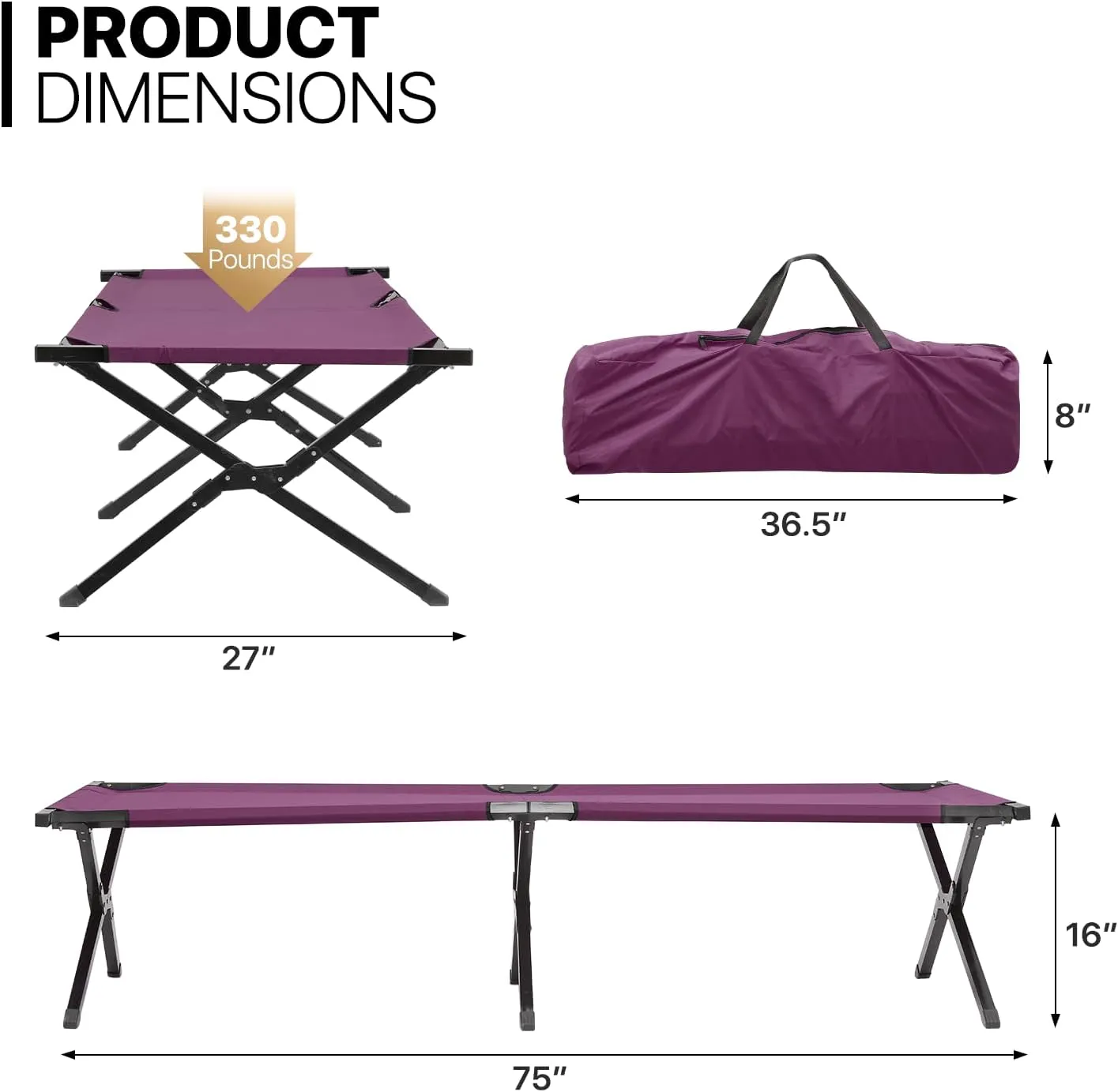 MoNiBloom Folding Camping Cot Portable Fold up Cots with Carry Bag for Sleeping Lounging Office/Home Nap Outdoor Travel, 660lbs (Max Load), Purple