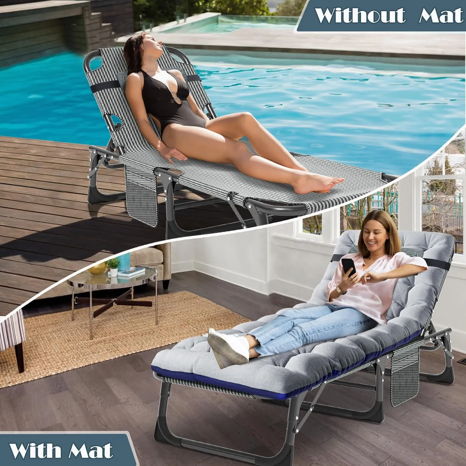 MOPHOTO Folding Chaise Lounge Chair 5-Position, Folding Cot, Heavy Duty Patio Chaise Lounges for Outside, Poolside, Beach, Lawn, Camping