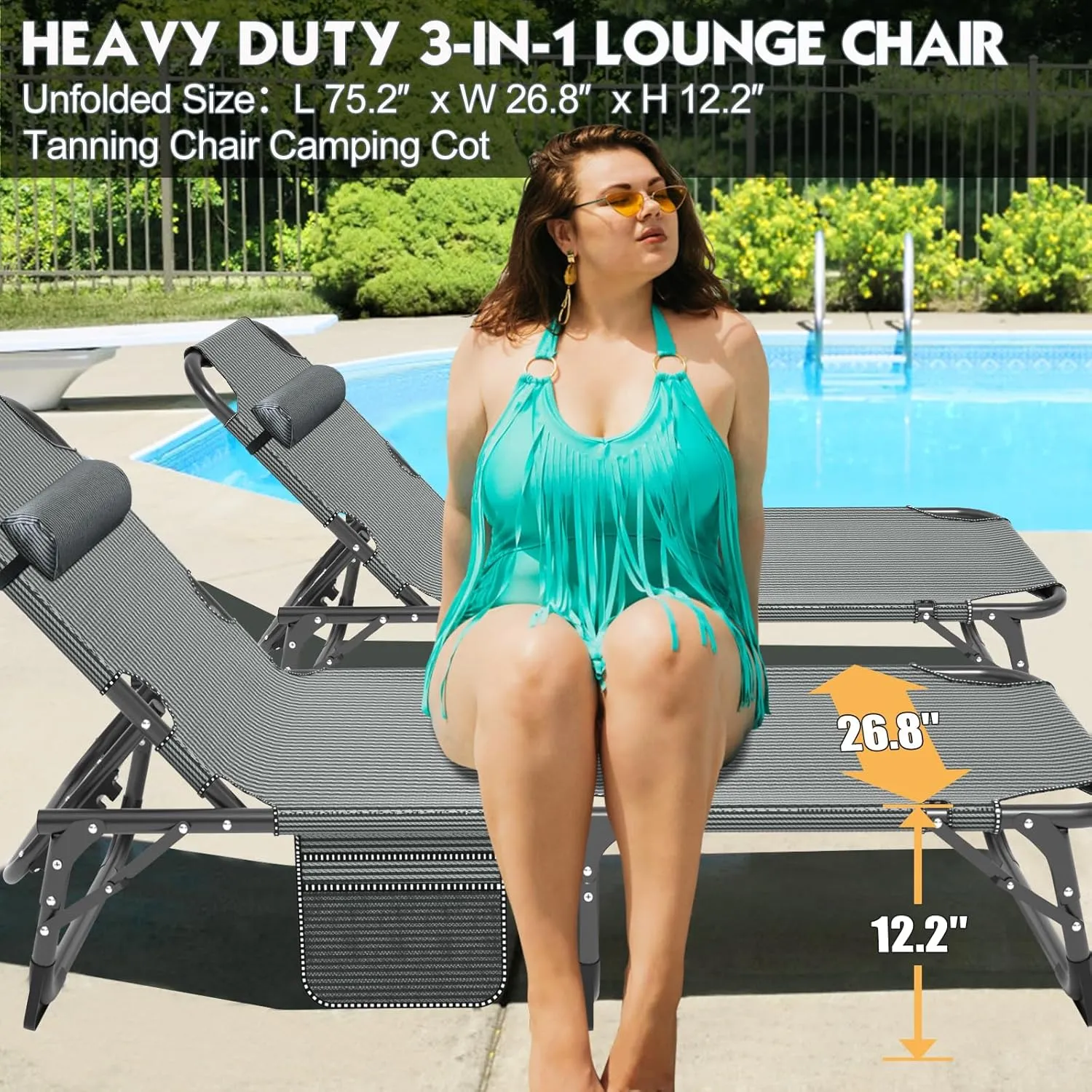 MOPHOTO Folding Chaise Lounge Chair 5-Position, Folding Cot, Heavy Duty Patio Chaise Lounges for Outside, Poolside, Beach, Lawn, Camping
