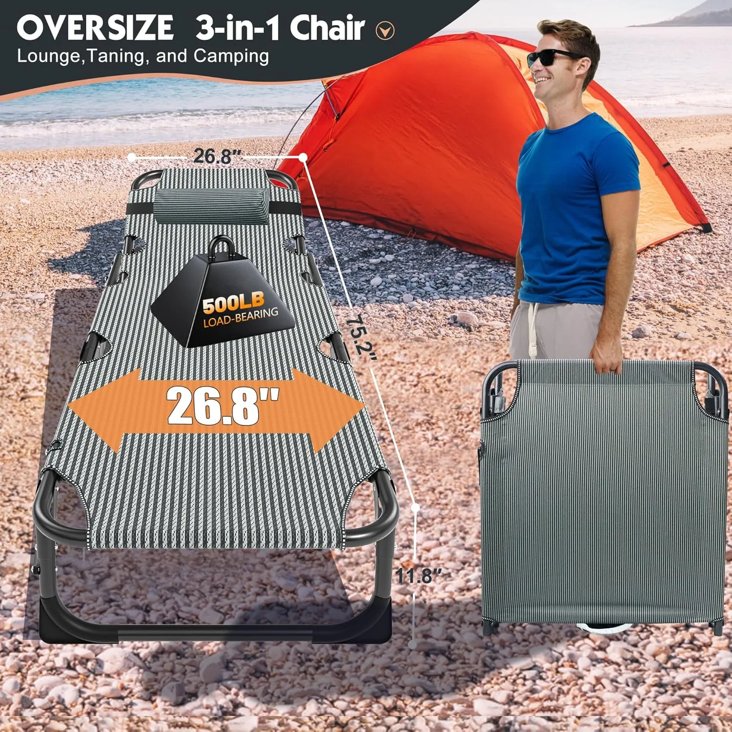 MOPHOTO Folding Chaise Lounge Chair 5-Position, Folding Cot, Heavy Duty Patio Chaise Lounges for Outside, Poolside, Beach, Lawn, Camping