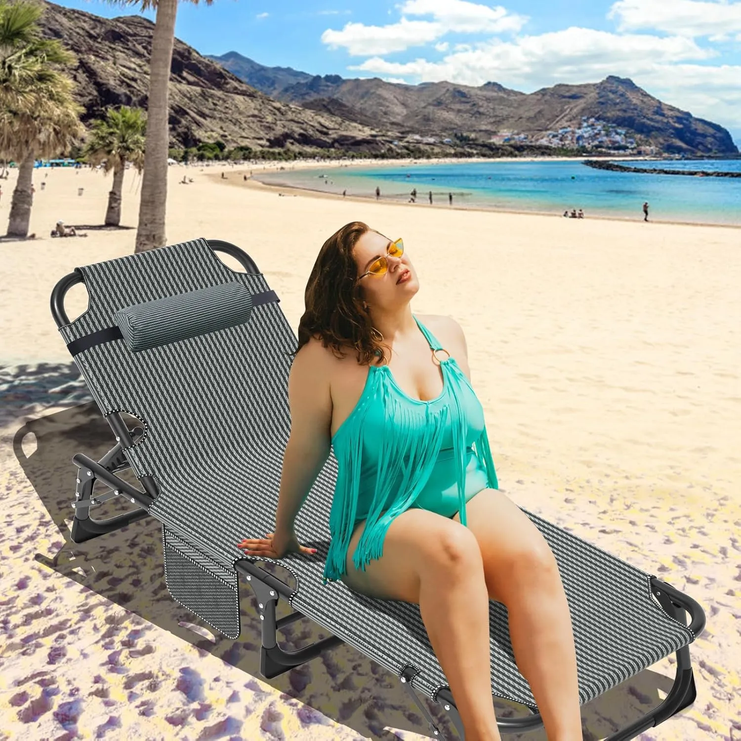 MOPHOTO Folding Chaise Lounge Chair 5-Position, Folding Cot, Heavy Duty Patio Chaise Lounges for Outside, Poolside, Beach, Lawn, Camping