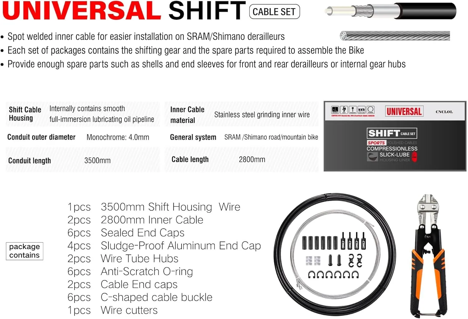 Mountain/Road Bike Shifter Cable Kit, Universal Derailleur Cable Set with Stainless Steel Wire Cutter-Bike Gear Cable 2.8m with 3.5m Oil Housing Kit for Bicycle/MTB/BMX/Road Bike.