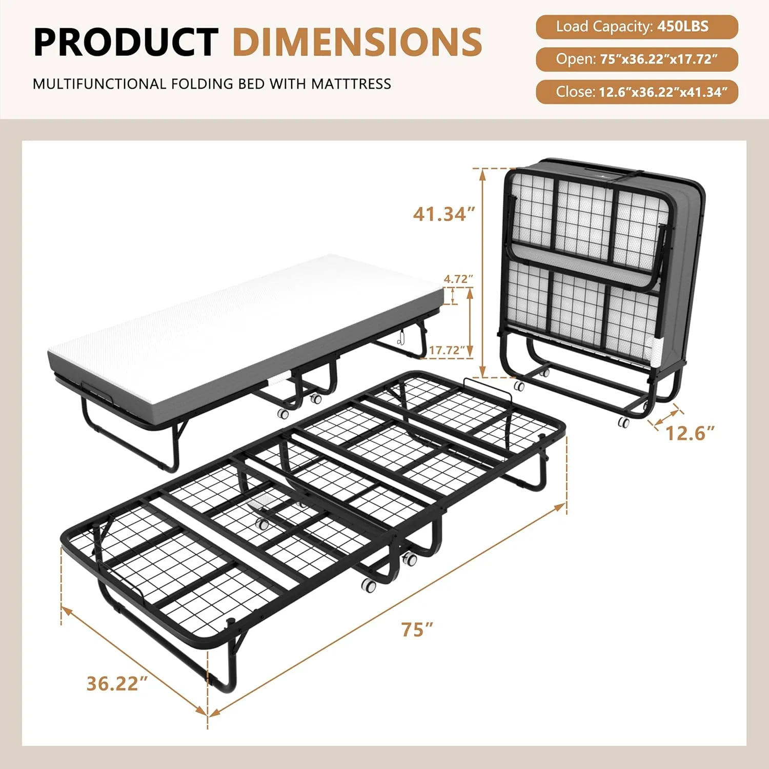 MUPATER 37"W Portable Folding Bed with 5 Inch Mattress, Portable Rollaway Bed for Guest, with Luxurious Memory Foam Mattress and a Sturdy Metal Frame, Space Saving Fold Up Bed for Easy Storage, White