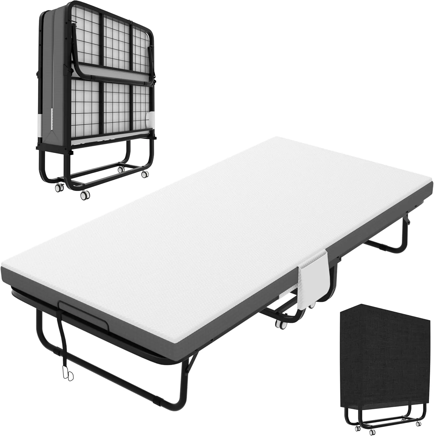 MUPATER 37"W Portable Folding Bed with 5 Inch Mattress, Portable Rollaway Bed for Guest, with Luxurious Memory Foam Mattress and a Sturdy Metal Frame, Space Saving Fold Up Bed for Easy Storage, White