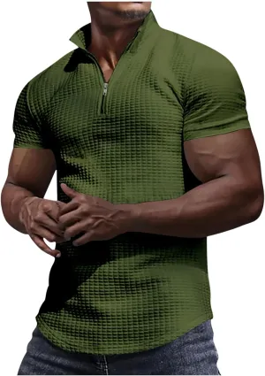Muscularfit Tshirts Shirts for Men Short Sleeve Waffle Knit Quarter-Zip Pullover Tops Causal Fashion Gym Workout Tee Tops