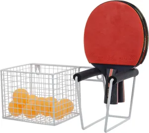 MyGift 12 Inch Wide Table Tennis Equipment Organizer Rack, Wall Mounted Metal Paddle Holder with Ping Pong Ball Storage 5 x 5 Inch Size Basket
