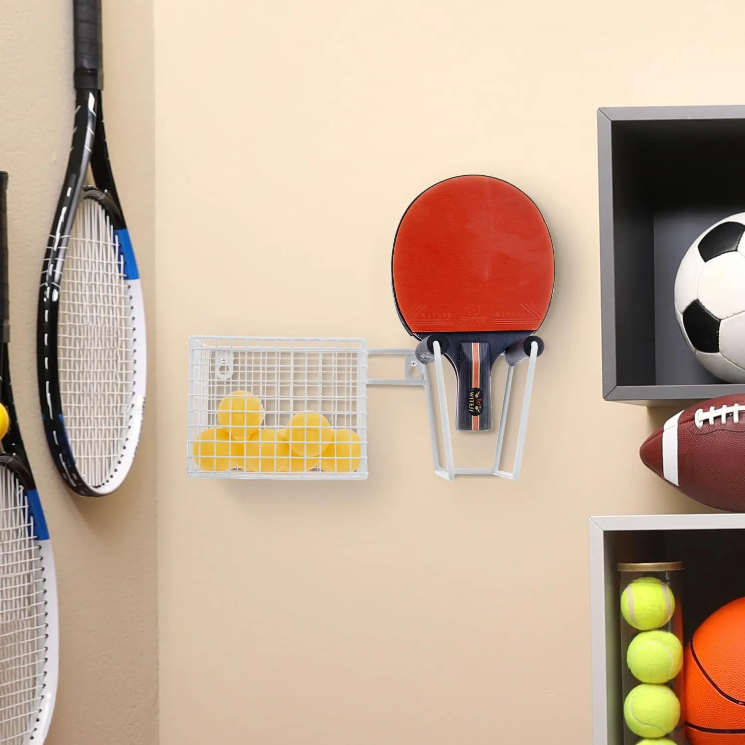 MyGift 12 Inch Wide Table Tennis Equipment Organizer Rack, Wall Mounted Metal Paddle Holder with Ping Pong Ball Storage 5 x 5 Inch Size Basket