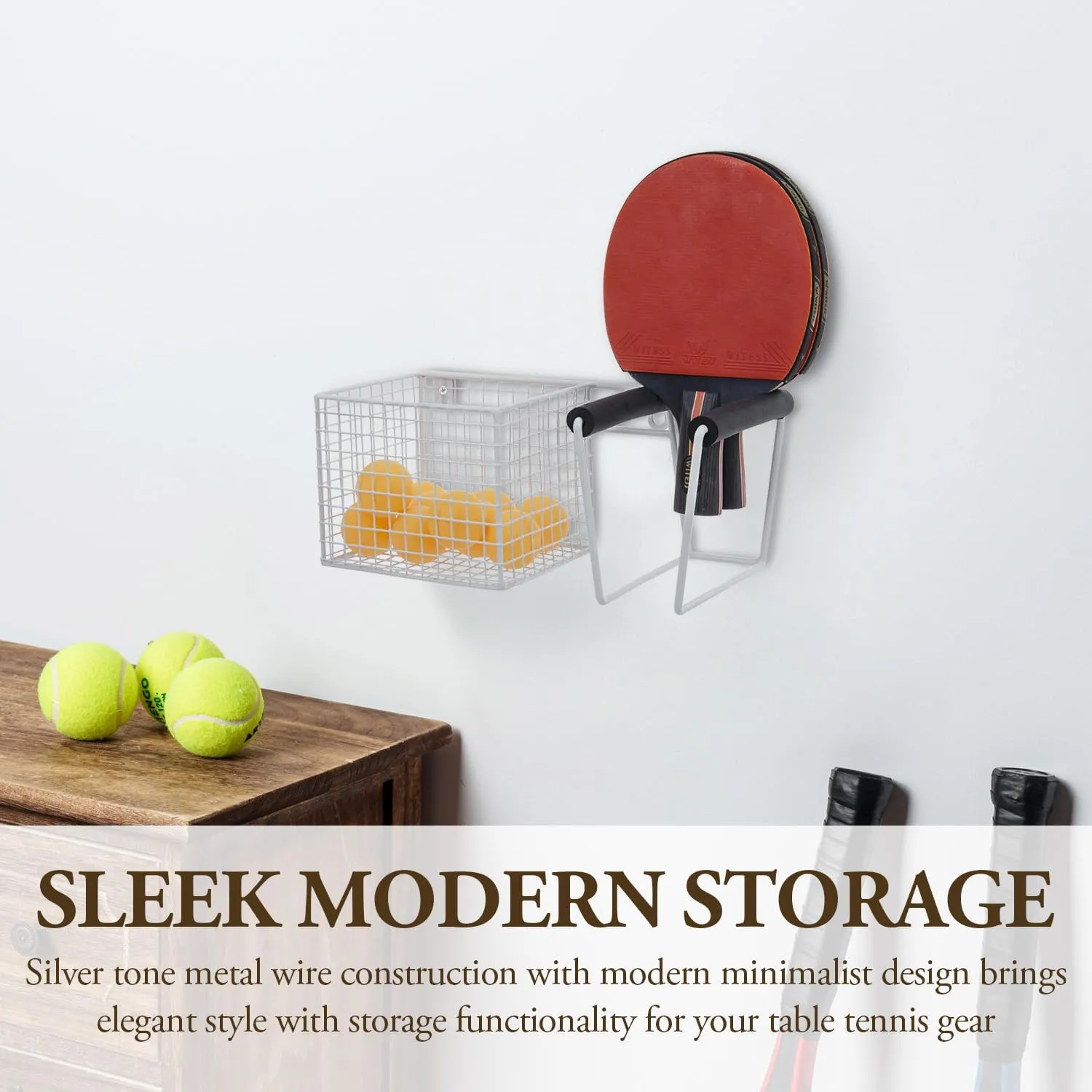 MyGift 12 Inch Wide Table Tennis Equipment Organizer Rack, Wall Mounted Metal Paddle Holder with Ping Pong Ball Storage 5 x 5 Inch Size Basket