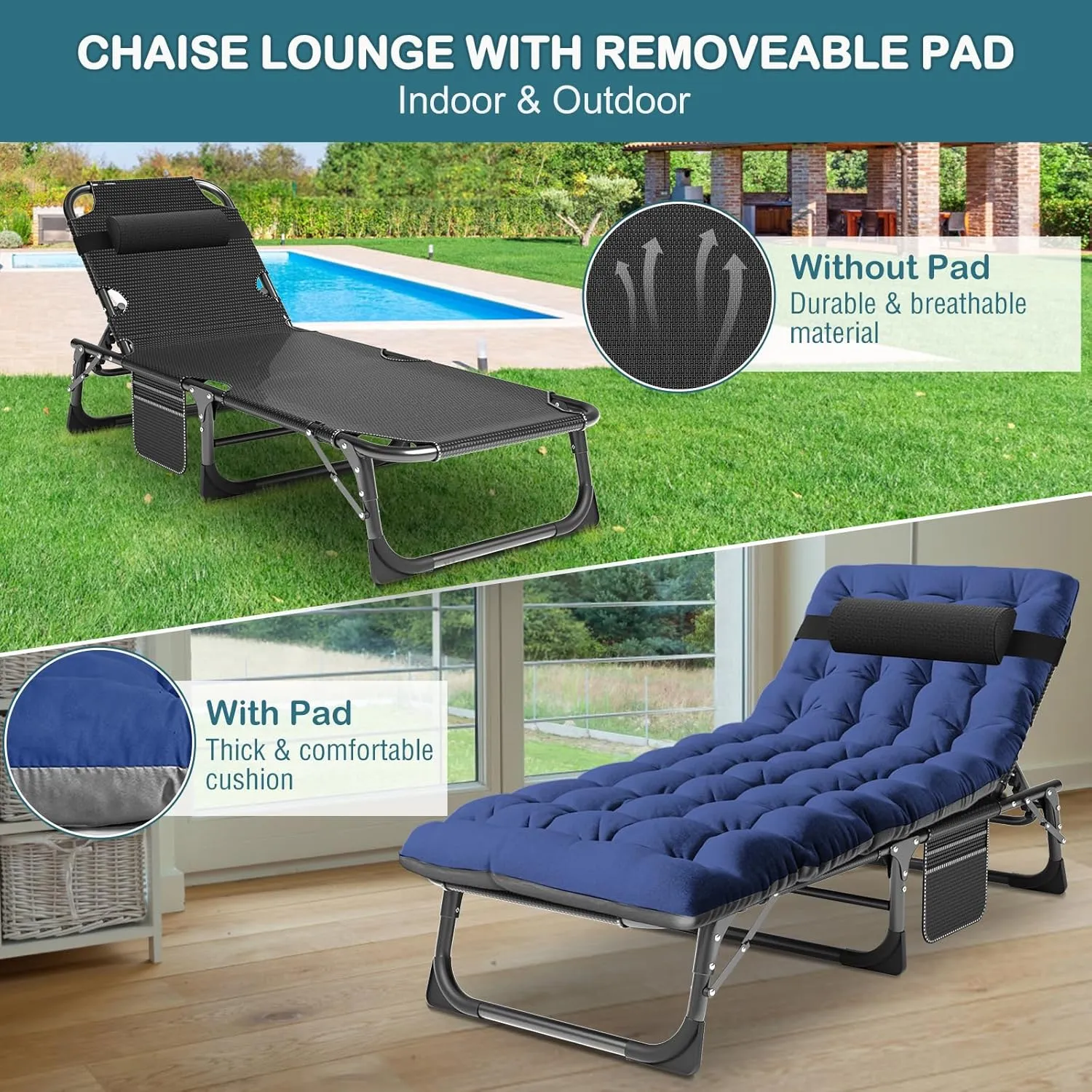 NAIZEA Folding Camping Cot W/Mat for Adults, Adjustable Lounge Chair Outdoor, Heavy Duty Sleeping Cot Bed, Travel Camp Cots for Pool, Beach, Patio Sunbathing