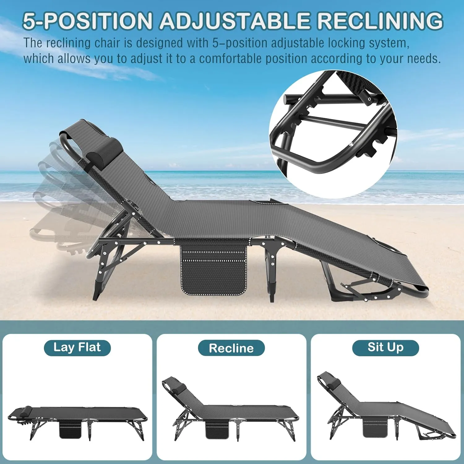 NAIZEA Folding Camping Cot W/Mat for Adults, Adjustable Lounge Chair Outdoor, Heavy Duty Sleeping Cot Bed, Travel Camp Cots for Pool, Beach, Patio Sunbathing