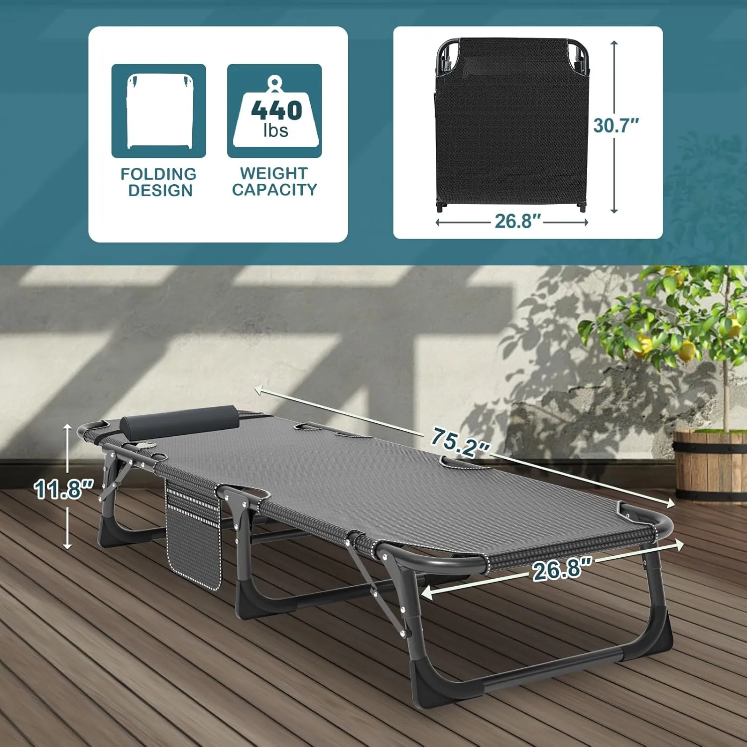 NAIZEA Folding Camping Cot W/Mat for Adults, Adjustable Lounge Chair Outdoor, Heavy Duty Sleeping Cot Bed, Travel Camp Cots for Pool, Beach, Patio Sunbathing