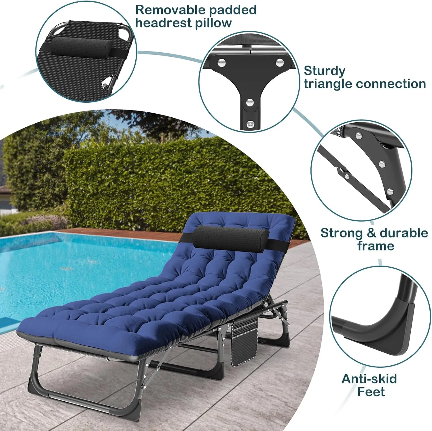 NAIZEA Folding Camping Cot W/Mat for Adults, Adjustable Lounge Chair Outdoor, Heavy Duty Sleeping Cot Bed, Travel Camp Cots for Pool, Beach, Patio Sunbathing