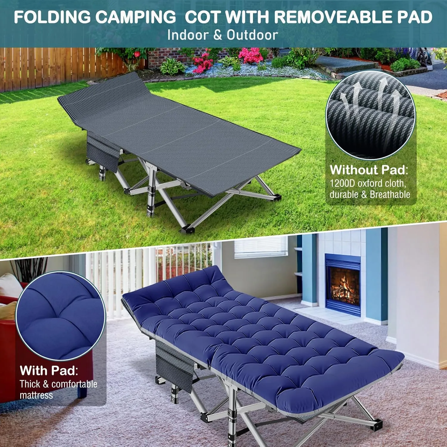 NAIZEA Oversized XXL Folding Camping Cot for Adults, Heavy Duty Outdoor Bed with Carry Bag, Portable Sleeping Bed for Outdoor Travel Camp Beach Vacation