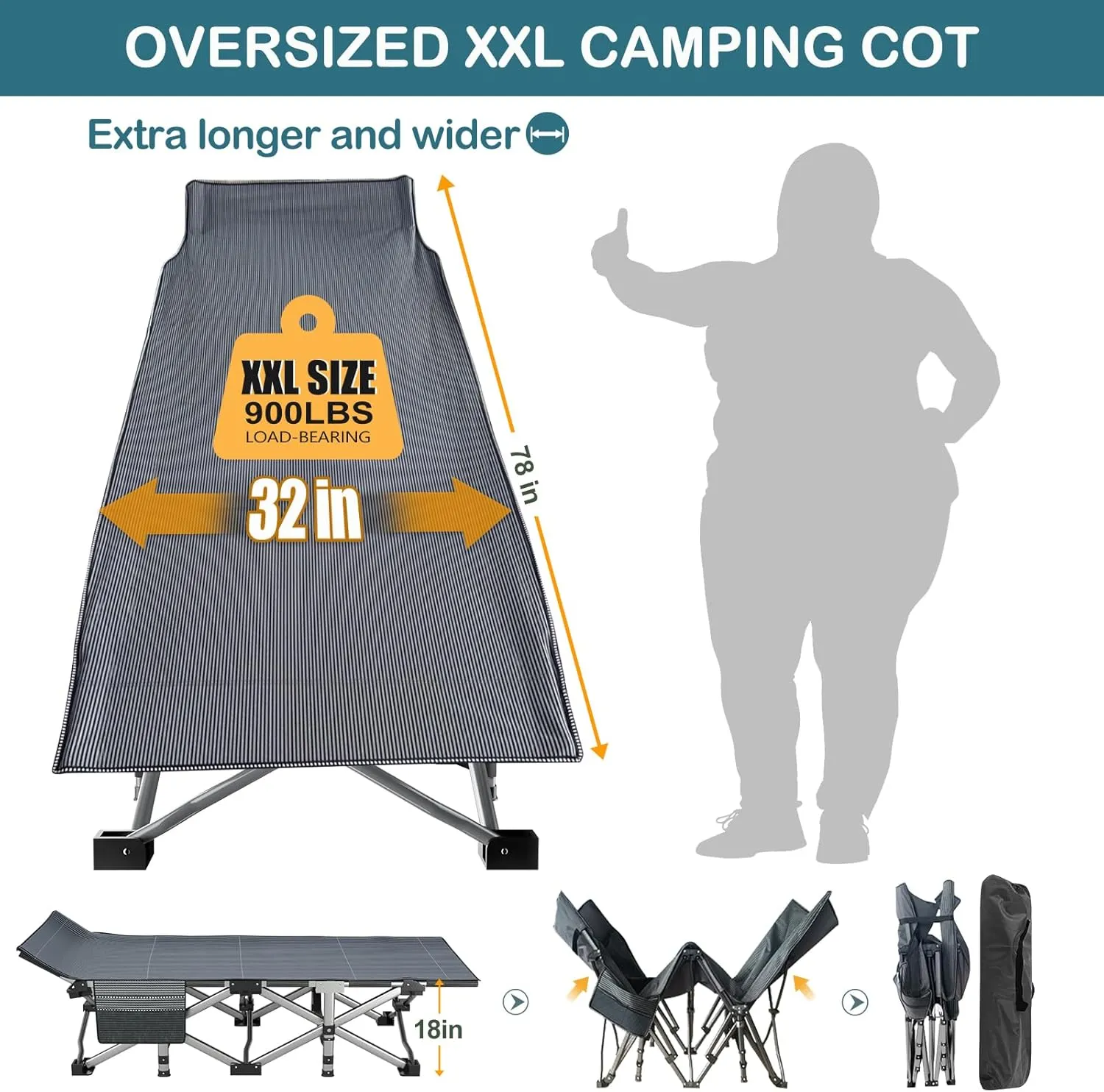 NAIZEA Oversized XXL Folding Camping Cot for Adults, Heavy Duty Outdoor Bed with Carry Bag, Portable Sleeping Bed for Outdoor Travel Camp Beach Vacation