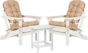 nalone Adirondack Chairs with Table Set, Folding Adirondack Chair Set of 2 with Cushions with Outdoor Side Table, HDPE Plastic Patio Chairs with End Table for Outdoor, Fire Pit, Deck (White)