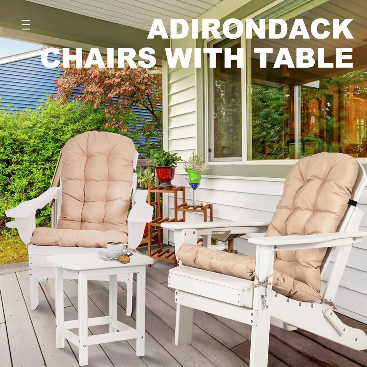 nalone Adirondack Chairs with Table Set, Folding Adirondack Chair Set of 2 with Cushions with Outdoor Side Table, HDPE Plastic Patio Chairs with End Table for Outdoor, Fire Pit, Deck (White)