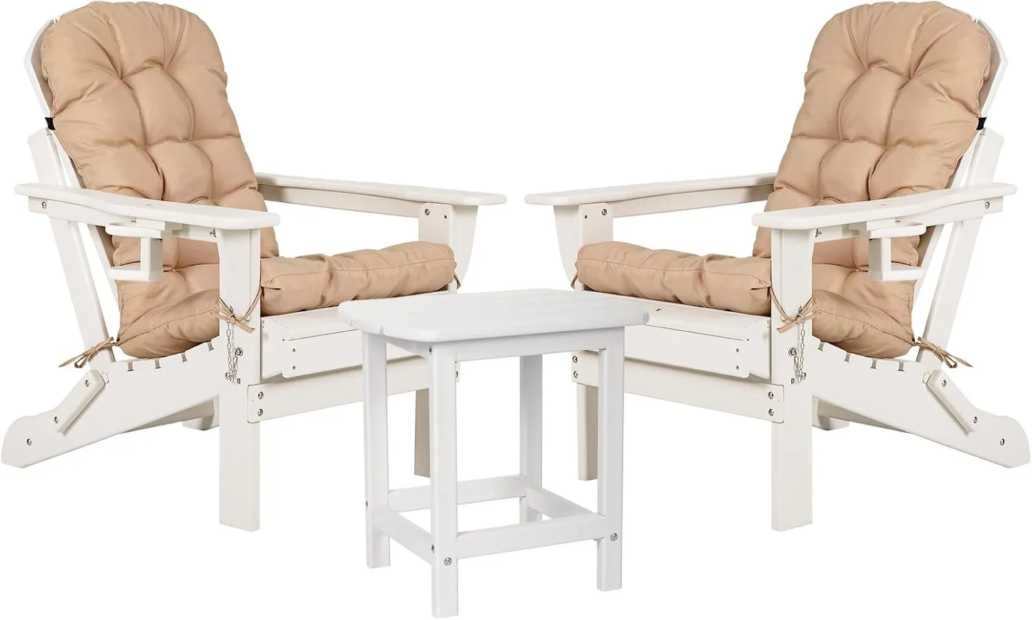 nalone Adirondack Chairs with Table Set, Folding Adirondack Chair Set of 2 with Cushions with Outdoor Side Table, HDPE Plastic Patio Chairs with End Table for Outdoor, Fire Pit, Deck (White)