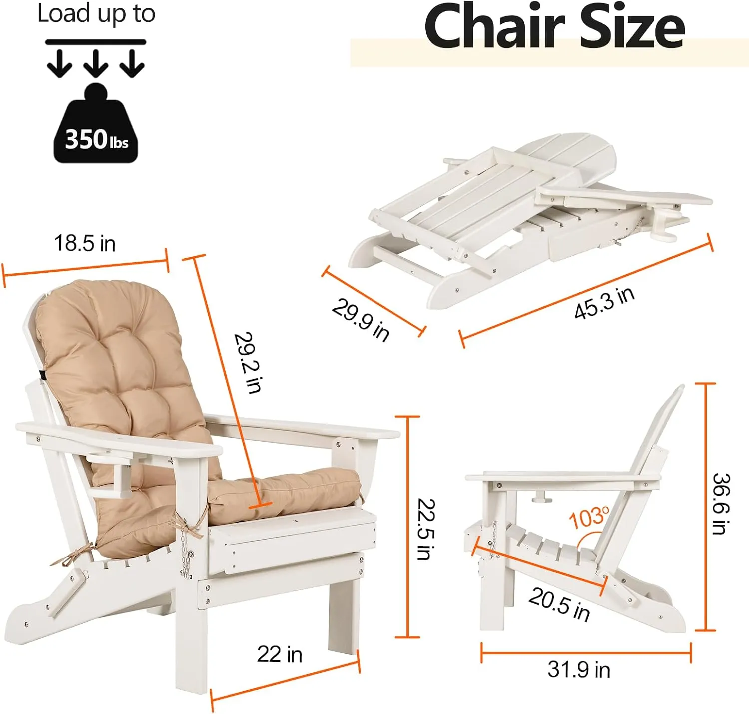 nalone Adirondack Chairs with Table Set, Folding Adirondack Chair Set of 2 with Cushions with Outdoor Side Table, HDPE Plastic Patio Chairs with End Table for Outdoor, Fire Pit, Deck (White)