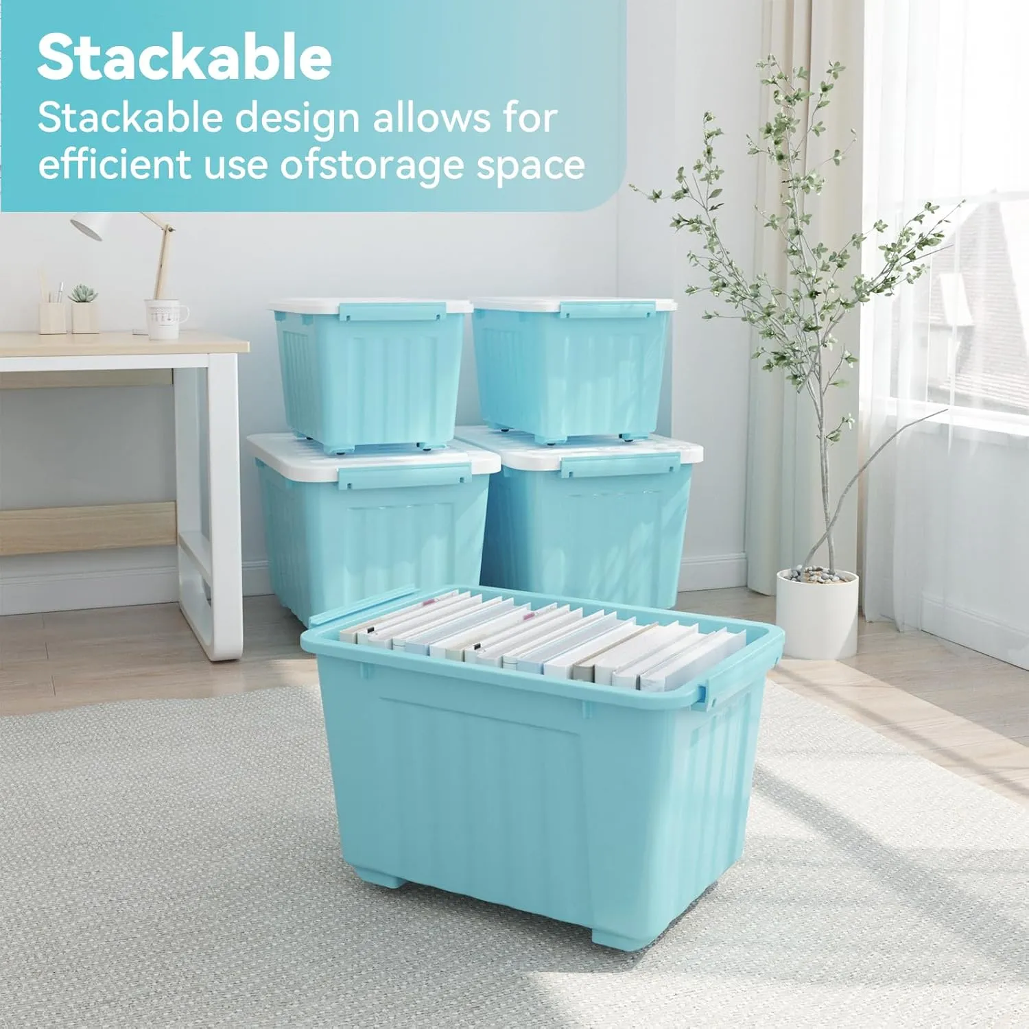Nazhura 72 Quart Plastic Storage Bin, Stackable and Nestable Storage Boxes with Lids and Secure Latching Buckles, Large Storage Container (Blue, 72Quart-6Pack)
