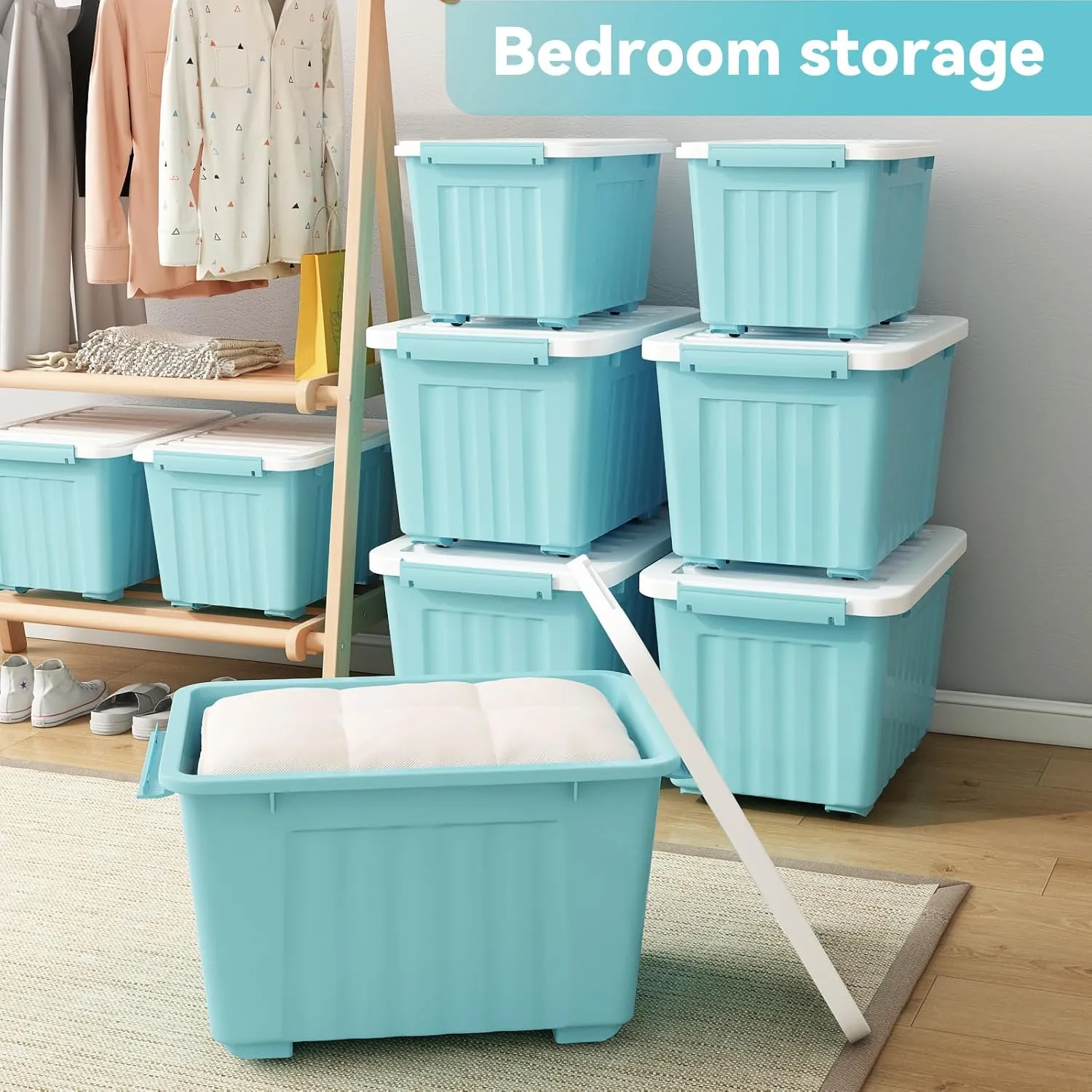Nazhura 72 Quart Plastic Storage Bin, Stackable and Nestable Storage Boxes with Lids and Secure Latching Buckles, Large Storage Container (Blue, 72Quart-6Pack)