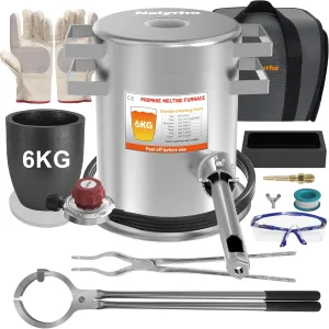 Nelyrho 6KG Melting Furnace Kit, Stainless Steel Foundry with Crucible Tongs, Ingot Mold, Goggles, Gloves, Carry Bag, Ideal for Smelting Silver, Copper, and Aluminum, Metal Recycling Casting Tool