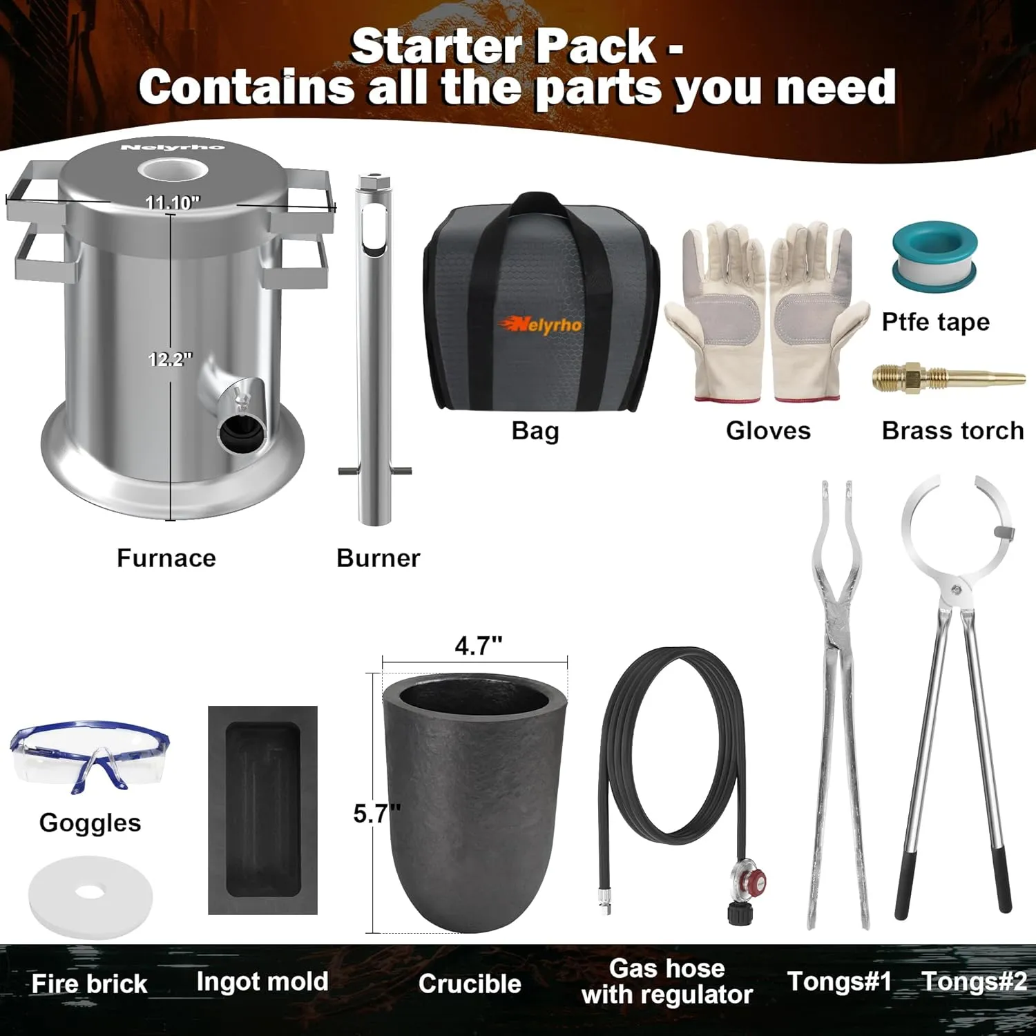 Nelyrho 6KG Melting Furnace Kit, Stainless Steel Foundry with Crucible Tongs, Ingot Mold, Goggles, Gloves, Carry Bag, Ideal for Smelting Silver, Copper, and Aluminum, Metal Recycling Casting Tool