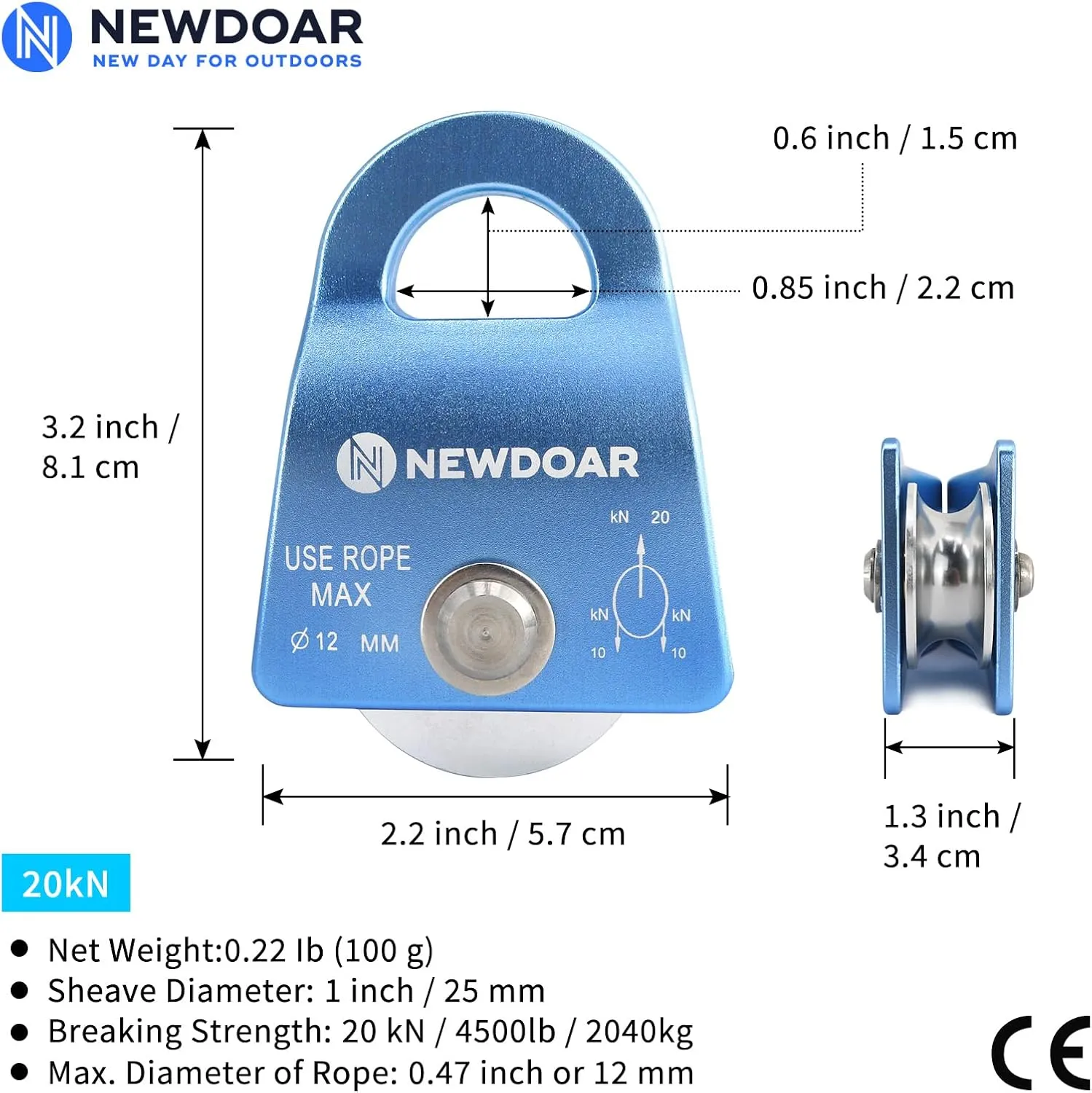 NewDoar Micro Mobile Single Pulley,20kN(4500 lb) Max Rope 1/2in for Rigging Arborist Climbing Rescue,CE Certified
