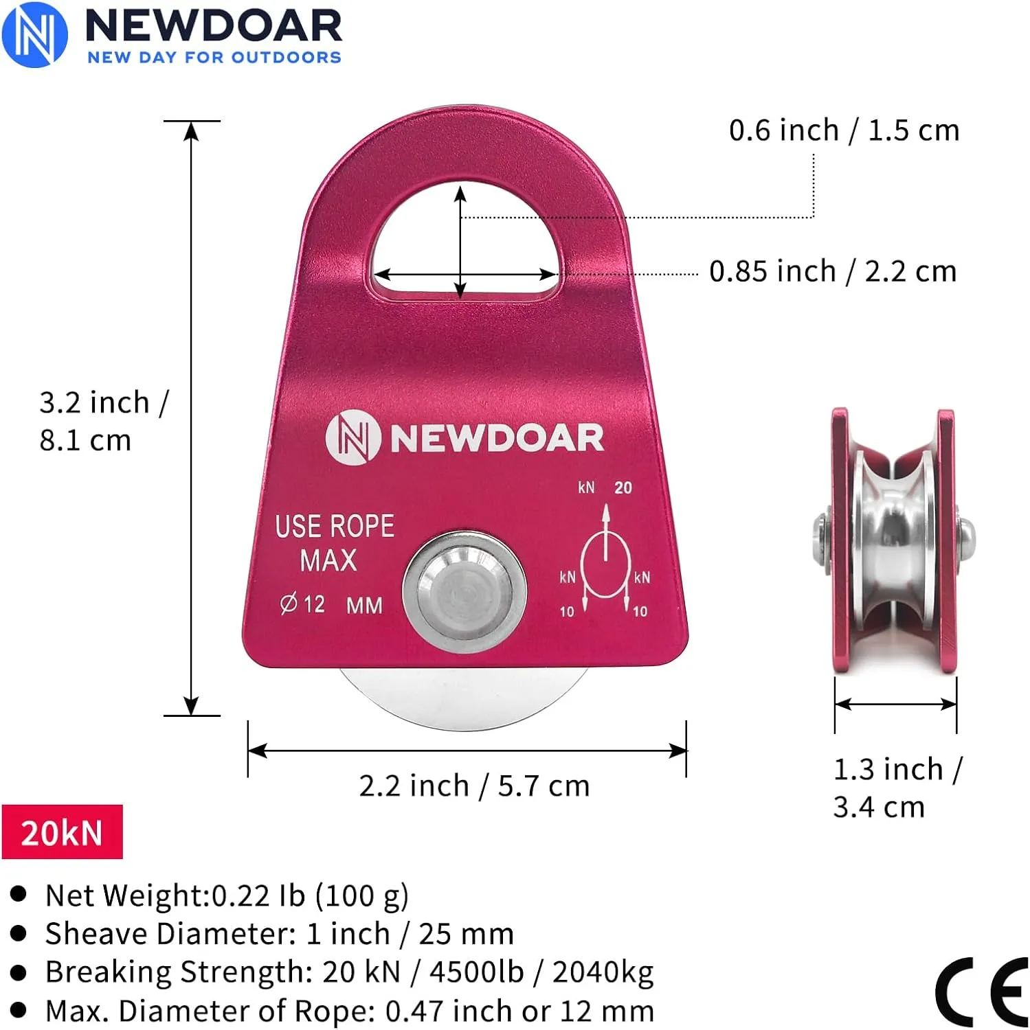NewDoar Micro Mobile Single Pulley,20kN(4500 lb) Max Rope 1/2in for Rigging Arborist Climbing Rescue,CE Certified