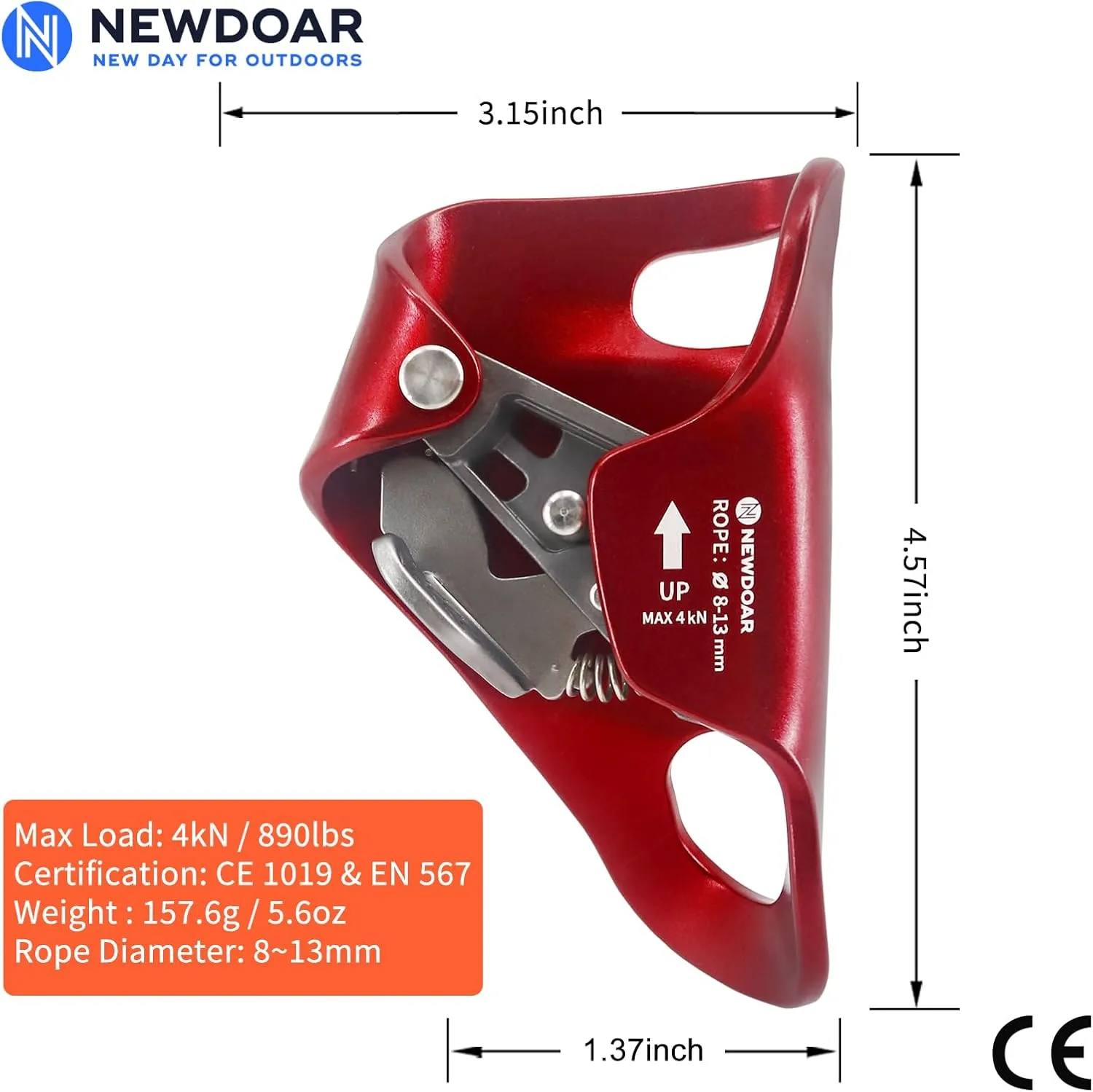 NewDoar Rock Climbing Chest Ascender Abdominal for Vertical Rope Climbing CE Certified Rope Clamp for 8~13MM Rope