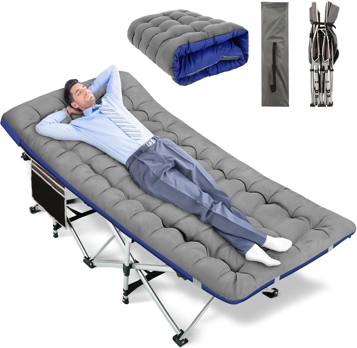 Nictemaw Folding Camping Cot, 900 LBS Capacity Heavy Duty Compact Travel Cot - Double Layer Oxford Cot with Mattress & Carry Bag for Adults & Kids, Easy Setup (Indoor/Outdoor, Grey)