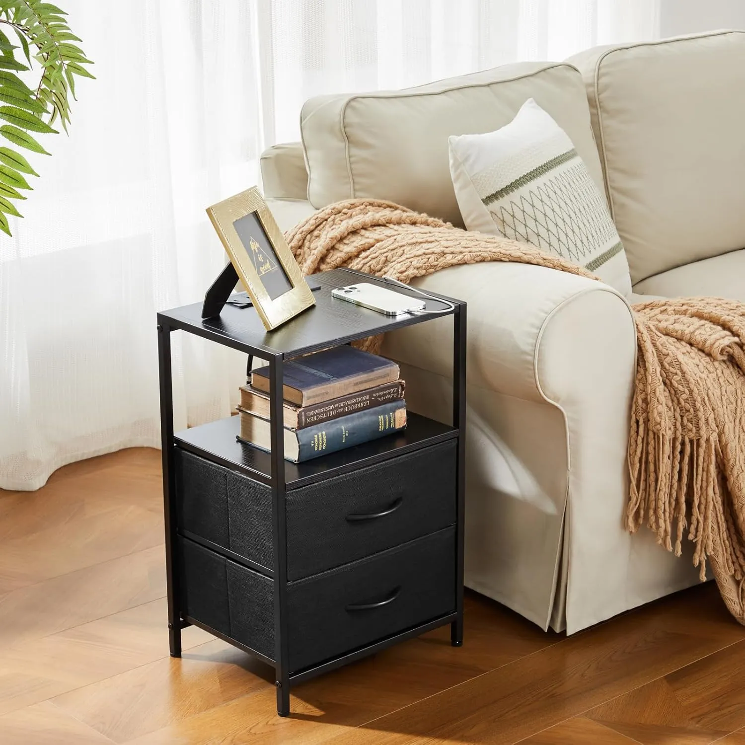 Nightstand with Charging Station Side End Table with USB Ports and Outlets Bedroom with Fabric Drawers with Open Shelf Modern Black 2pcs