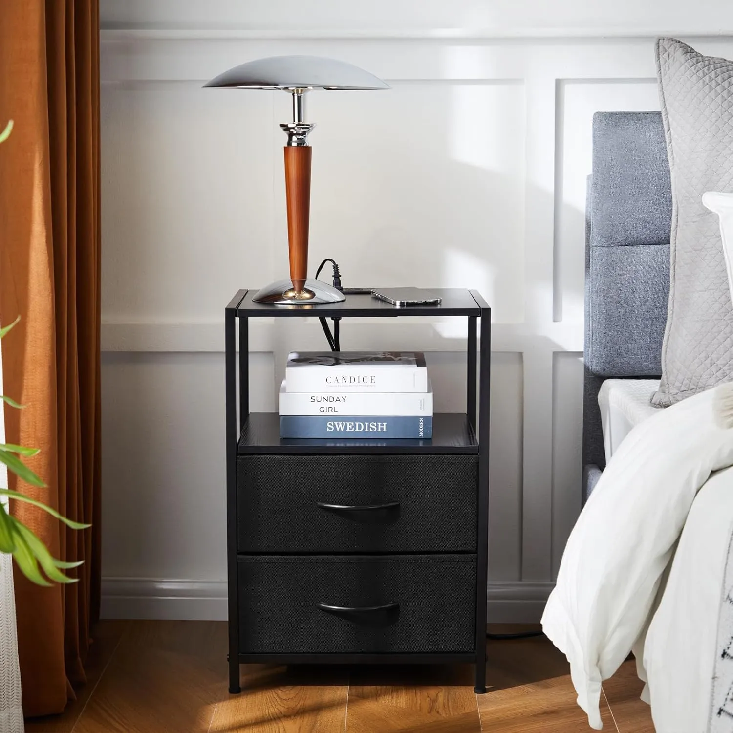 Nightstand with Charging Station Side End Table with USB Ports and Outlets Bedroom with Fabric Drawers with Open Shelf Modern Black 2pcs