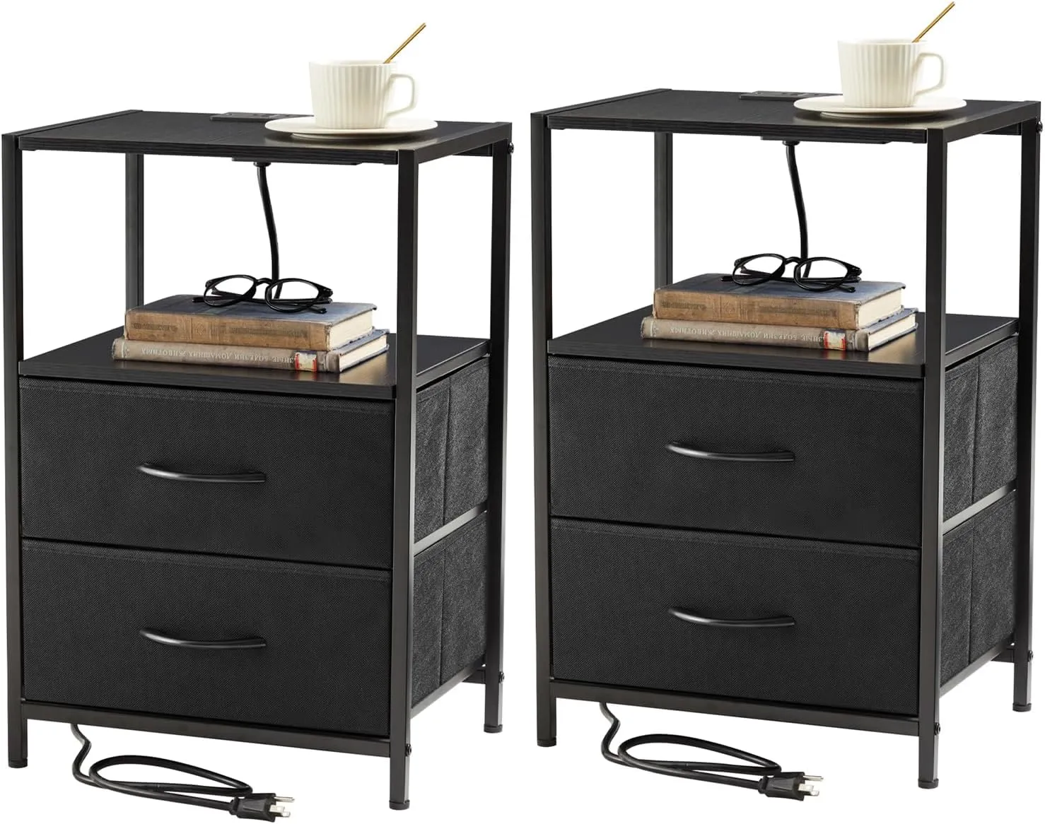 Nightstand with Charging Station Side End Table with USB Ports and Outlets Bedroom with Fabric Drawers with Open Shelf Modern Black 2pcs
